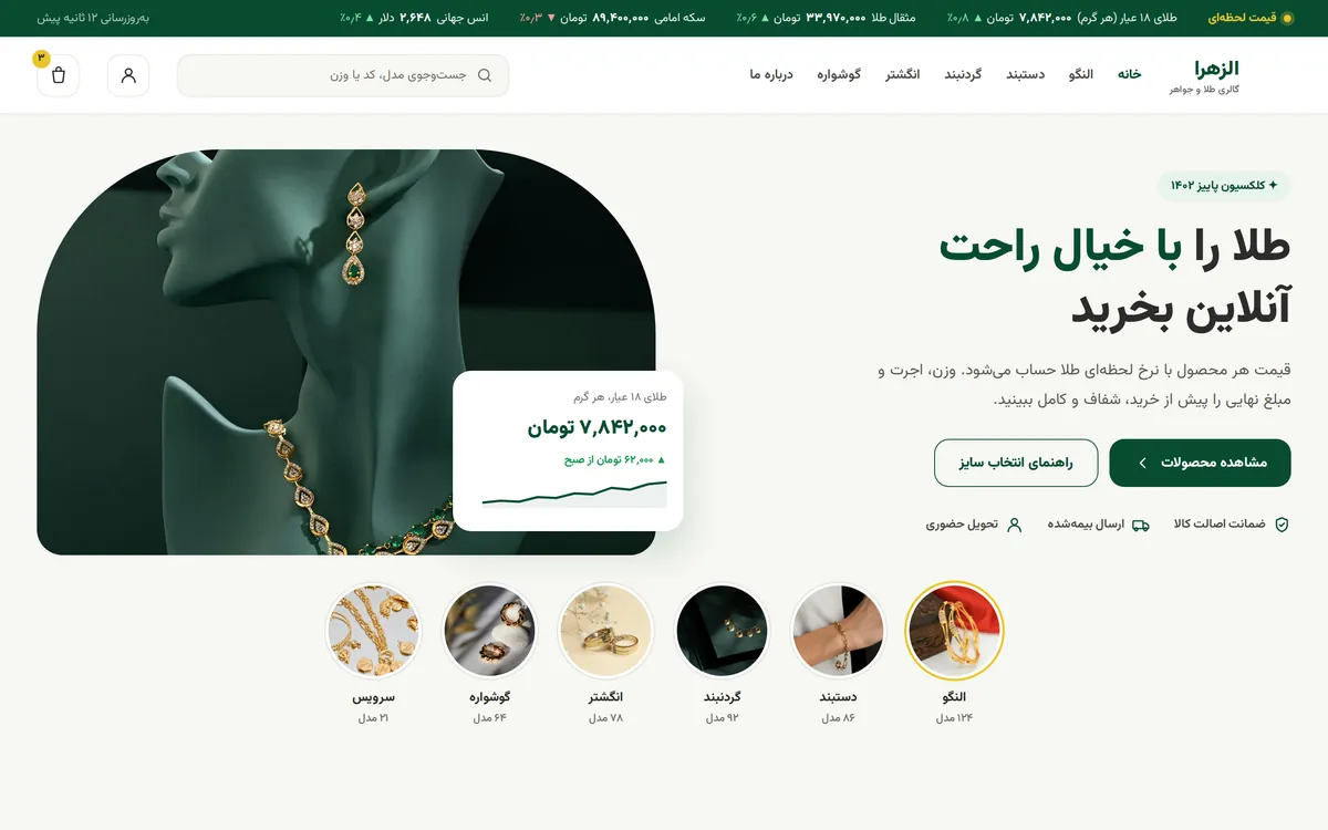 Home page with the live gold price and categories