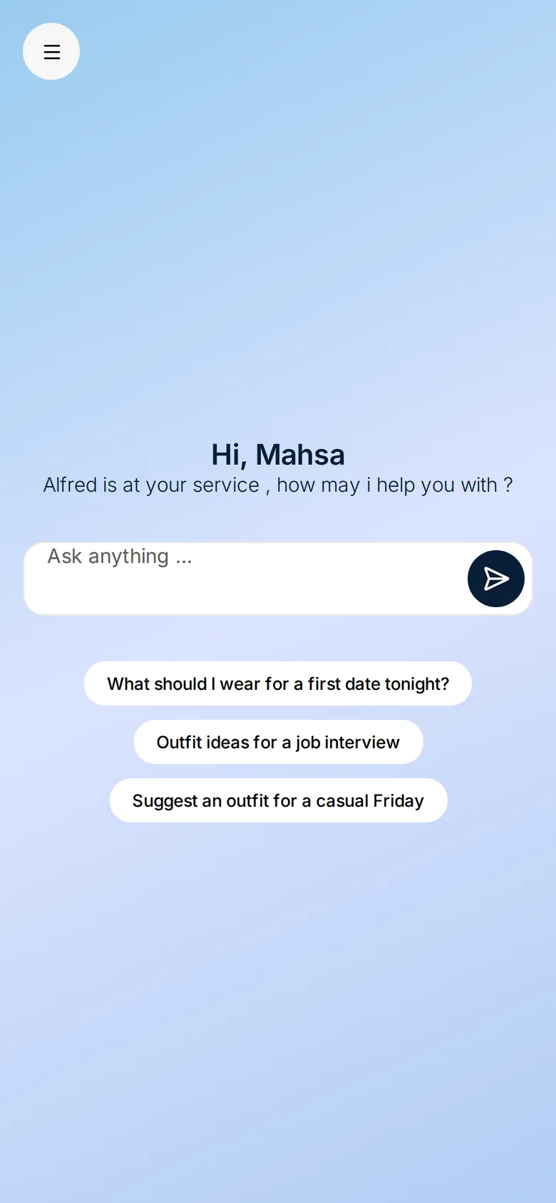 Alfred’s start screen with suggested questions