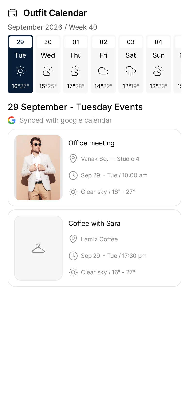 Outfit calendar, synced with Google Calendar