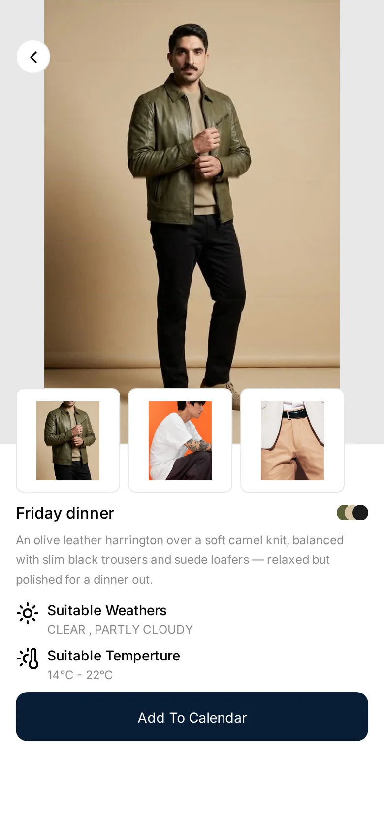 Outfit detail with the pieces used and the weather it suits