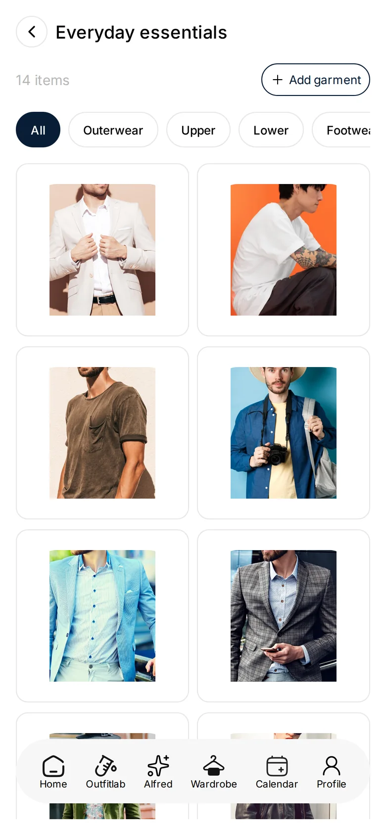 A wardrobe with items grouped by type